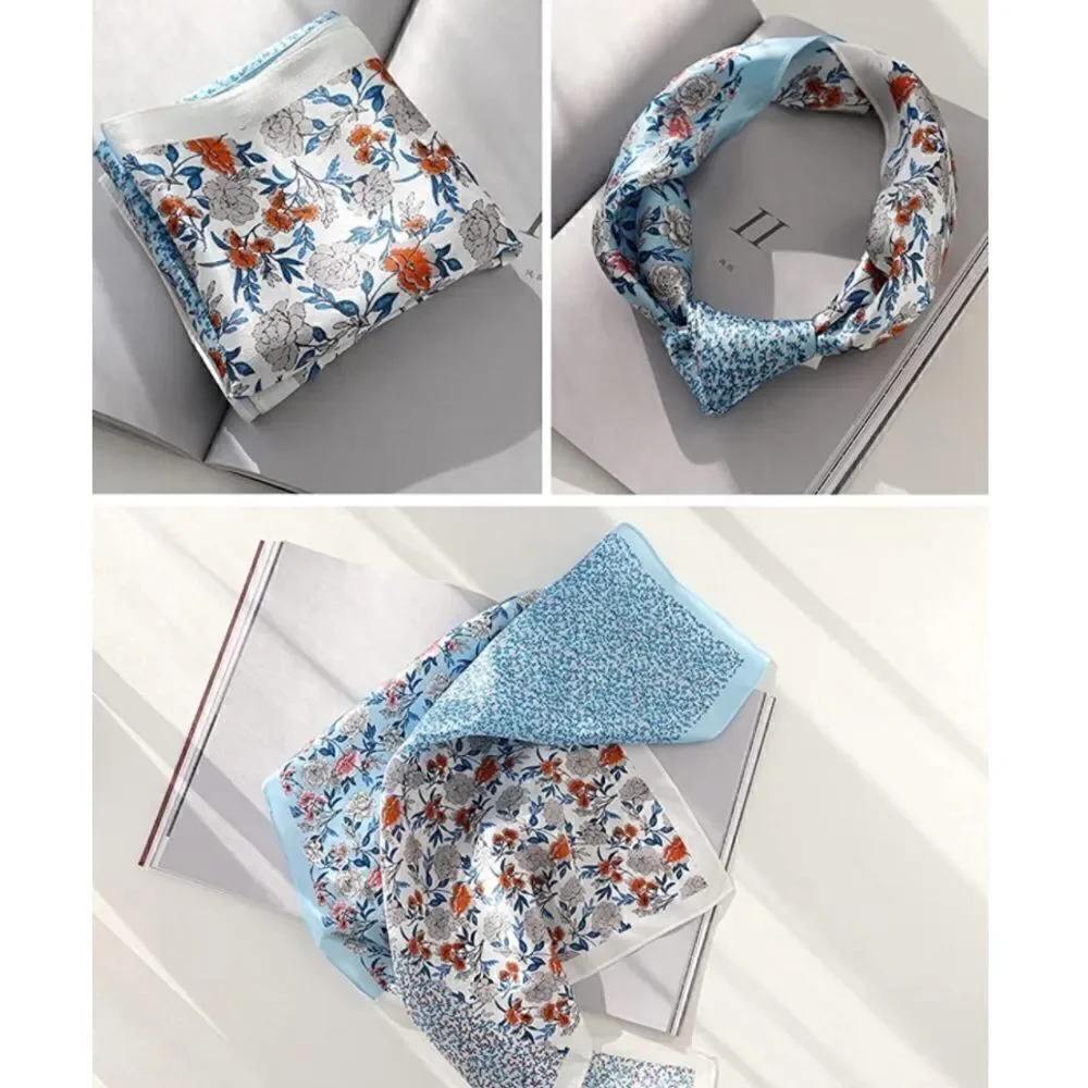 Blue Floral Mulberry Silk Neck Scarf